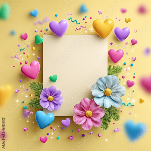 Colorful Background with Flowers and Hearts for Celebratory Designs or Greeting Cards with Space for Text