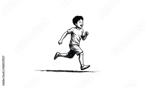 Asian male child running with joy in black and white sketch. Vector retro hand drawn illustration