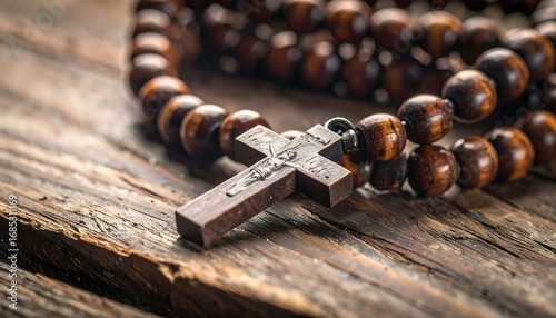 Wooden rosary on rustic wood