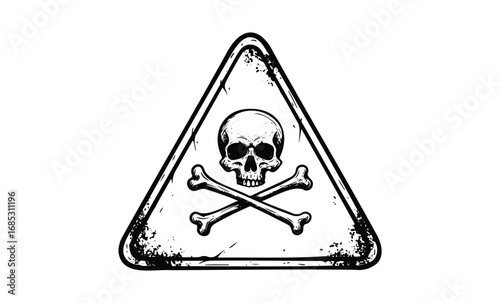 Grunge triangle skull and crossbones warning symbol with distressed texture. Vector retro hand drawn illustration