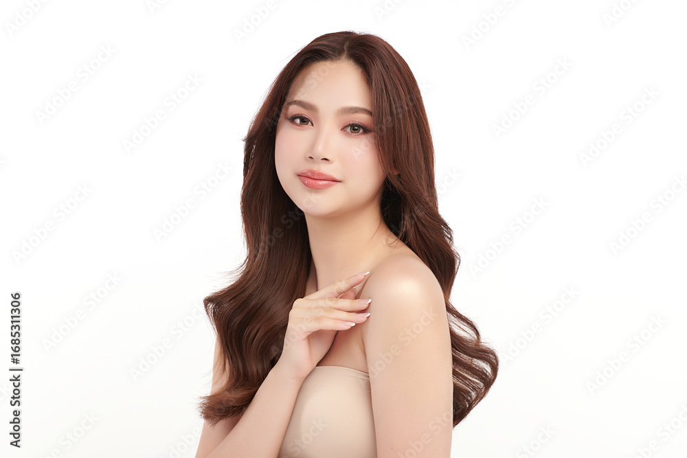 A beautiful young Asian woman with clean, fresh skin against a white background. Skincare, facial treatment, cosmetology, beauty, and spa. An elegant portrait of an Asian woman. A beautiful young Asian woman with clean, fresh skin against a white background. Skincare, facial treatment, cosmetology, beauty, and spa. An elegant portrait of an Asian woman.