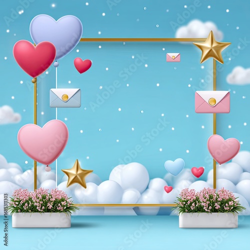 Colorful Valentine’s Day Scene with Heart Balloons, Flowers, and Decorative Elements on a Bright Sky Background