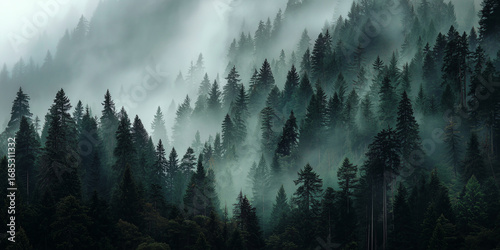 Fototapeta Naklejka Na Ścianę i Meble -  twilight dark forest on mountain slope side perspective