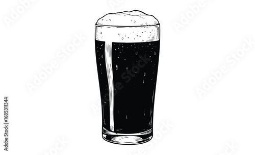 Hand-drawn illustration of a full pint glass of stout beer with frothy head. Vector retro hand drawn illustration