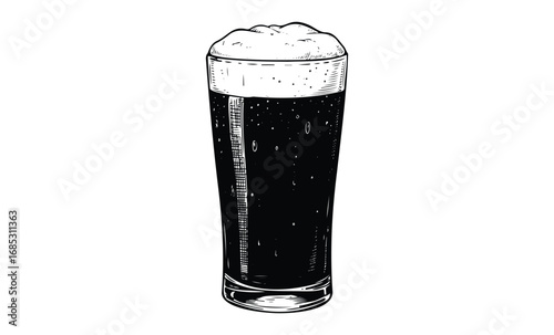 Hand-drawn illustration of a pint of dark beer with foamy head. Vector retro hand drawn illustration