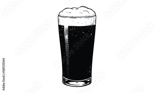 Black beer in tall glass with foam hand-drawn vintage style. Vector retro hand drawn illustration
