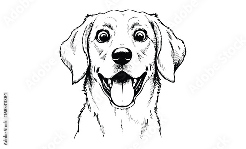 Black and white drawing of happy dog with tongue out. Vector retro hand drawn illustration