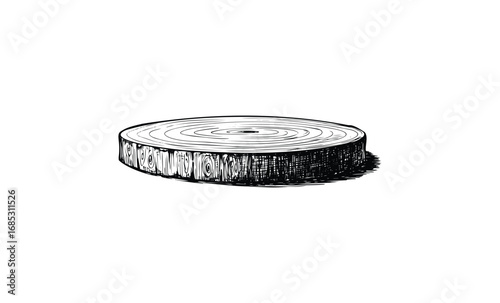 Detailed illustration of a wooden tree ring and cross section. Vector retro hand drawn illustration
