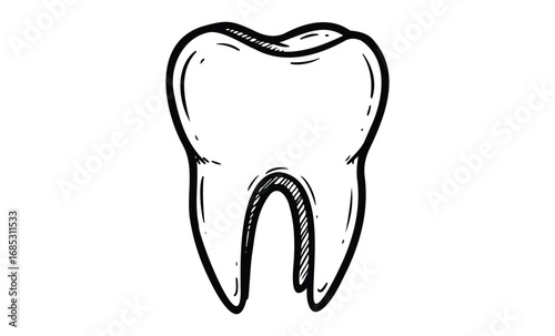 Hand-drawn tooth illustration: black outline of a human molar. Vector retro hand drawn illustration