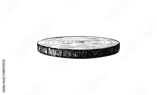 Hand-drawn tree trunk cross-section with growth rings in black and white. Vector retro hand drawn illustration