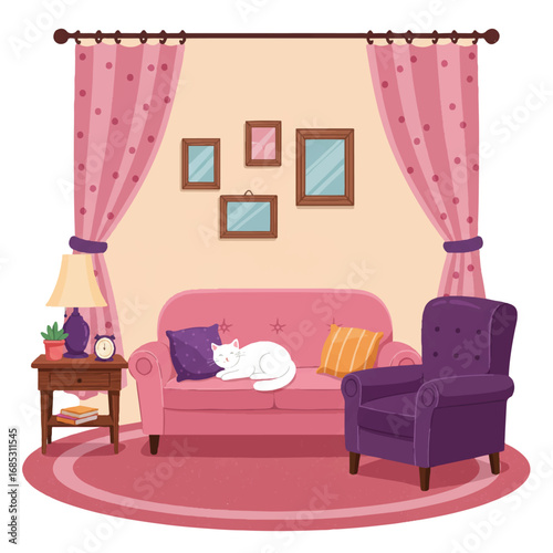 A charming vector cartoon illustration captures a cozy small living room featuring a pink sofa with a white cat curled up, a purple armchair, and home decor.