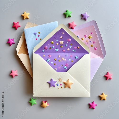 Colorful envelopes with star confetti on a light gray surface, perfect for celebration invites or creative stationery design, featuring pastel colors and playful shapes