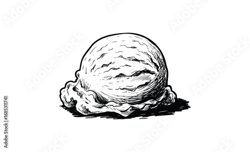 Detailed black and white sketch of ice cream scoop. Vector retro hand drawn illustration