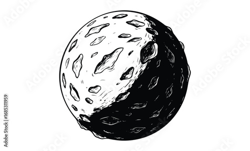 Black and white artistic rendering of a cratered asteroid in space. Vector retro hand drawn illustration