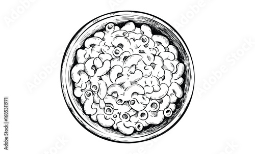 Hand-drawn bowl of macaroni pasta with olives and cheese in black and white. Vector retro hand drawn illustration