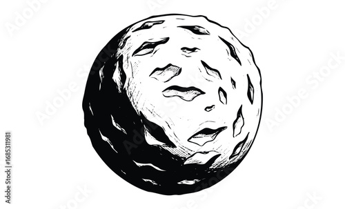 Black and white illustration of a textured planet or asteroid. Vector retro hand drawn illustration