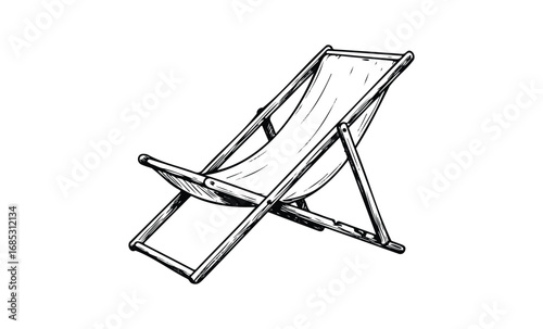 Vintage wooden relaxing deck chair with classic canvas design. Vector retro hand drawn illustration