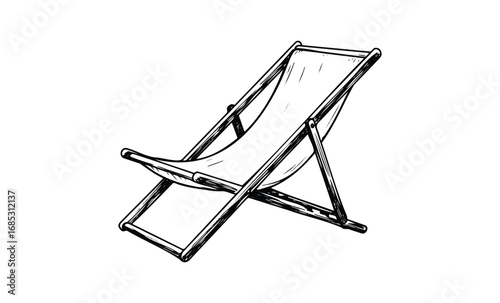 Vintage wooden deck chair illustration with canvas seat. Vector retro hand drawn illustration
