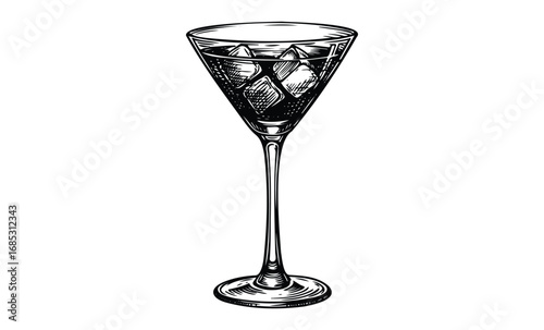 Artistic black and white martini glass with ice cubes. Vector retro hand drawn illustration