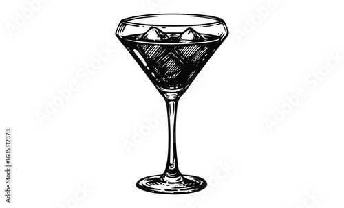 Elegant black and white drawing of a wine glass with ice cubes inside. Vector retro hand drawn illustration