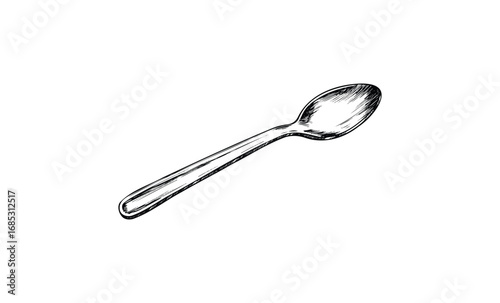 Hand-drawn illustration of a spoon in black and white line art. Vector retro hand drawn illustration