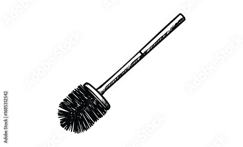 Simple black and white illustration of a toilet brush with detailed bristles. Vector retro hand drawn illustration