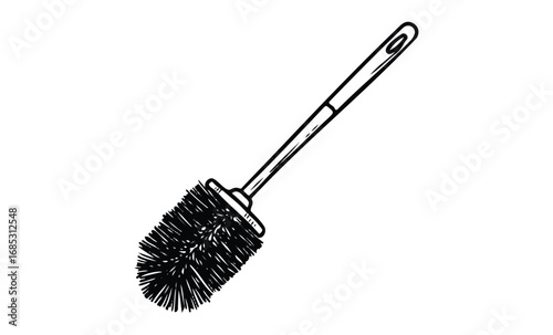 Detailed black and white toilet brush illustration with bristle texture. Vector retro hand drawn illustration