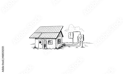 Sustainable solar energy house with battery storage design. Vector retro hand drawn illustration