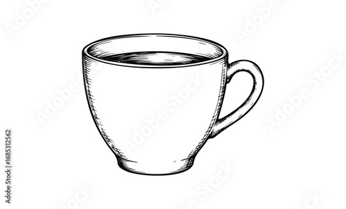 Detailed black and white drawing of a coffee cup. Vector retro hand drawn illustration