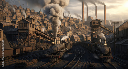 An industrial revolution scene with steam trains, smoking factory chimneys, and a bustling hillside mining or factory town.