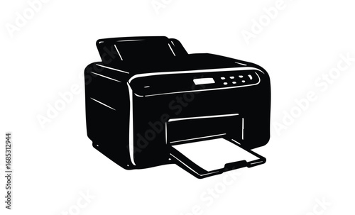 Monochrome illustration of a modern office printer with paper tray extended. Vector retro hand drawn illustration