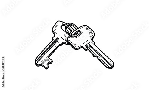 Sketch of two interlocked keys on ring in black and white. Vector retro hand drawn illustration
