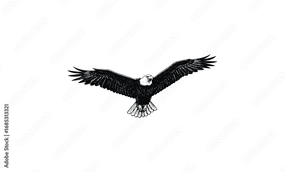 Obraz premium Detailed sketch of a bald eagle in flight with outstretched wings. Vector retro hand drawn illustration