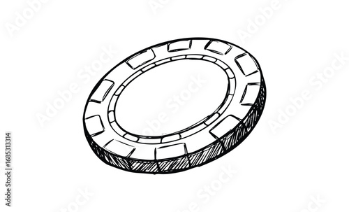 Black and white sketched casino poker chip illustration. Vector retro hand drawn illustration