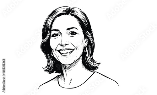 Black and white sketch of smiling caucasian female adult. Vector retro hand drawn illustration