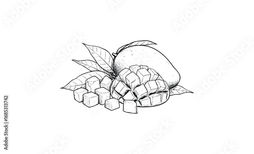Black and white illustration of sliced mango with leaves and cubes. Vector retro hand drawn illustration