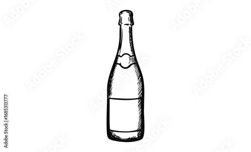 Hand-drawn wine bottle sketch with label. Vector retro hand drawn illustration