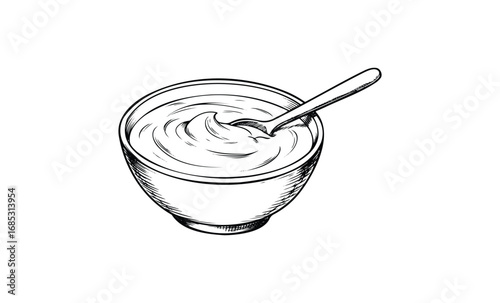 Black and white illustration of a bowl with yogurt and spoon. Vector retro hand drawn illustration