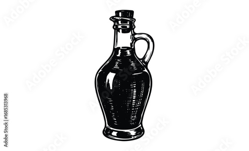 Vintage glass olive oil bottle with handle and stopper in black and white. Vector retro hand drawn illustration