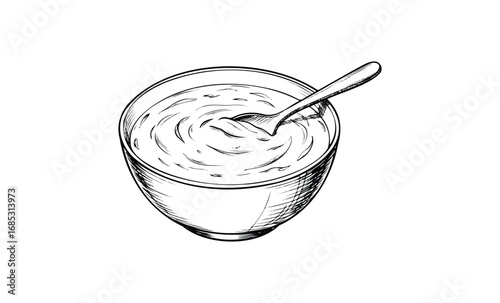 Black and white sketch of a bowl of yogurt with spoon. Vector retro hand drawn illustration