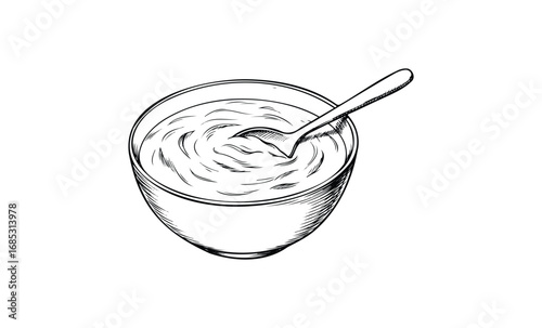 Hand-drawn yogurt bowl with spoon in black and white illustration. Vector retro hand drawn illustration