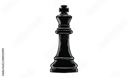 Detailed black chess king piece. Vector retro hand drawn illustration