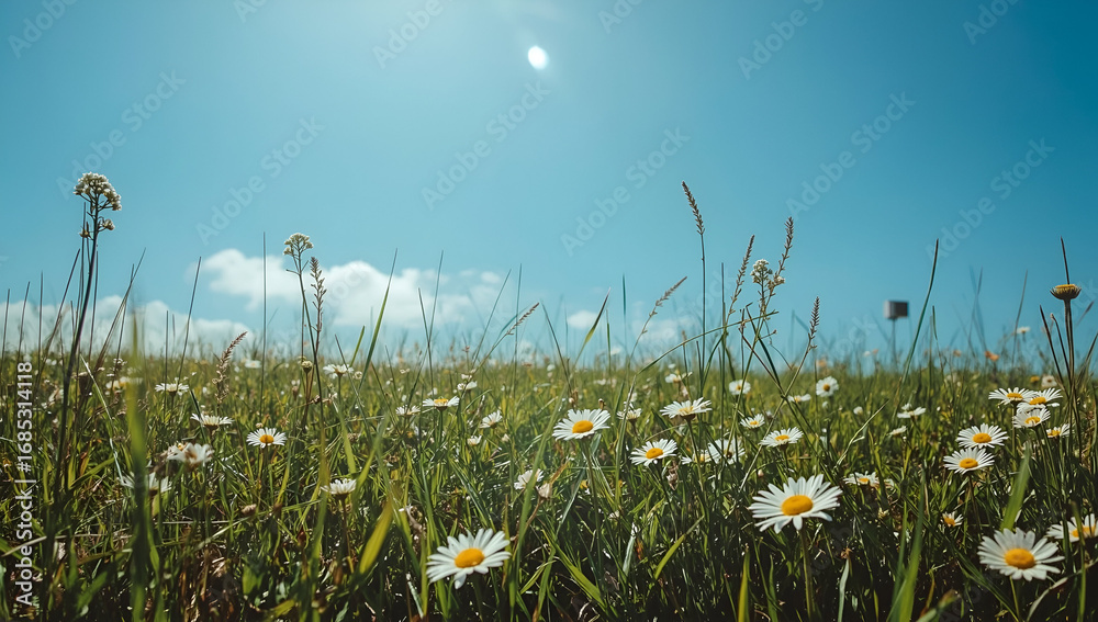 Obraz premium Daisies Blooming in Green Field Against Clear Blue Sky