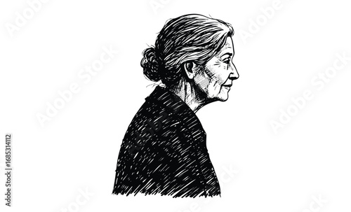 Elderly caucasian female profile sketch with detailed lines and shadows. Vector retro hand drawn illustration