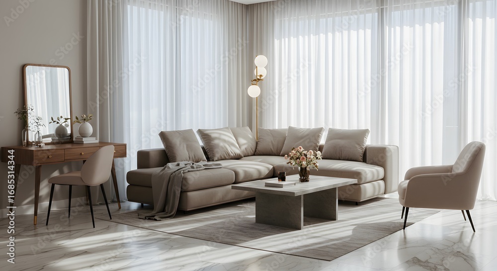 Fototapeta premium Modern Living Room Interior Design with Neutral Tones and Sunlight