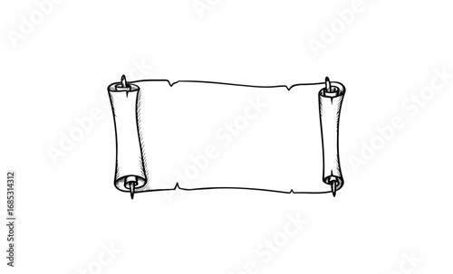 Blank hand-drawn scroll with detailed outline. Vector retro hand drawn illustration