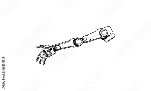 Futuristic robotic arm with mechanical hand design in black and white outline. Vector retro hand drawn illustration