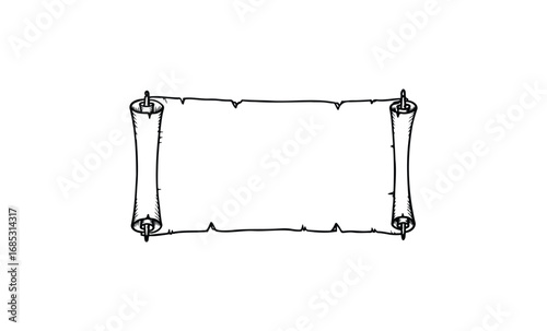 Blank ancient scroll illustration with decorative edges and wooden rods. Vector retro hand drawn illustration