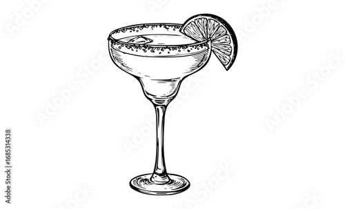 Hand-drawn margarita glass with salt rim and lime slice. Vector retro hand drawn illustration