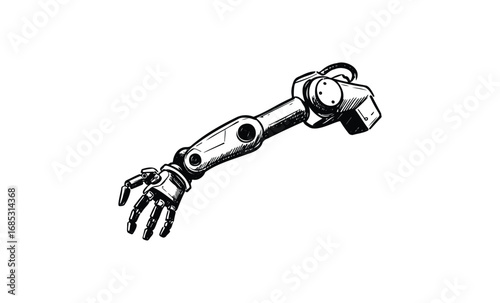 Detailed mechanical robotic arm drawing with hinged joints and gripper in black and white. Vector retro hand drawn illustration